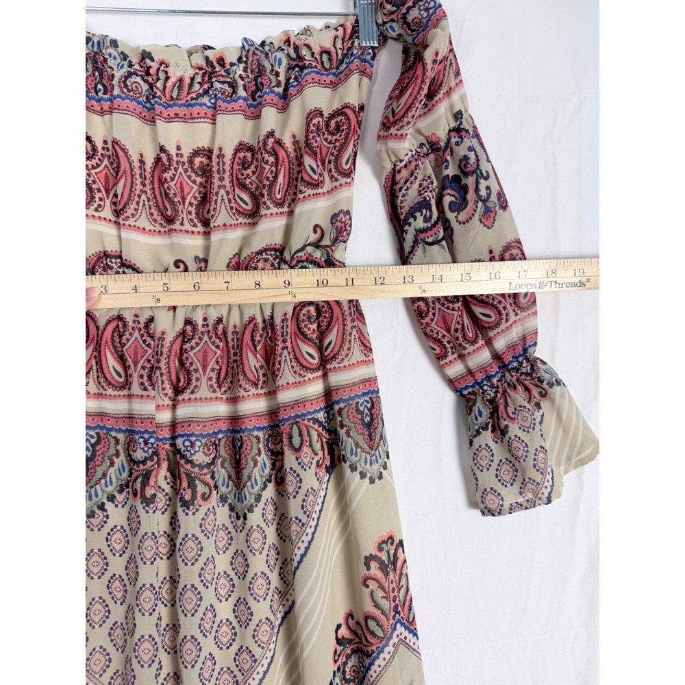 Love Reign Boho Dress Off Shoulder Long Puff Sleeve XS Paisley Hippie Festival - Picture 7 of 10